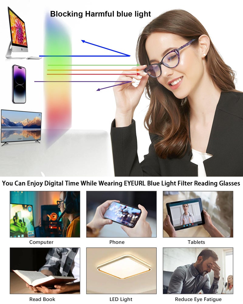 EYEURL Cat Eye Reading Glasses for Womens 2 Pack of Blue Light Blocking Readers +3.5 Spring Hinge Vintage Computer Eyeglass with Colorful Pattern Design - Image 5
