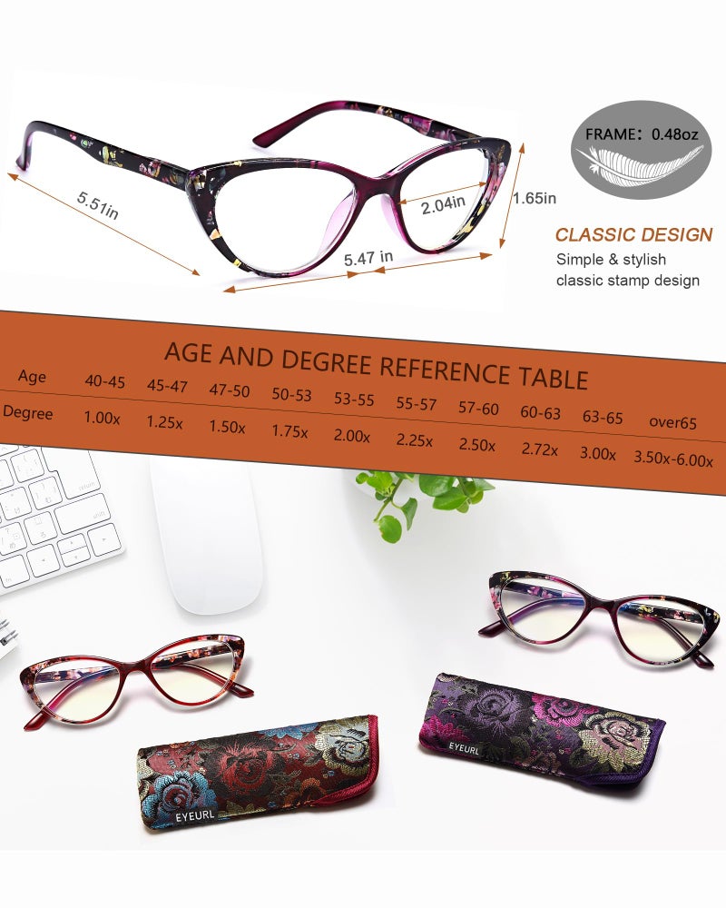 EYEURL Cat Eye Reading Glasses for Womens 2 Pack of Blue Light Blocking Readers +3.5 Spring Hinge Vintage Computer Eyeglass with Colorful Pattern Design - Image 3