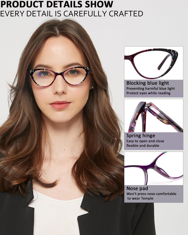 EYEURL Cat Eye Reading Glasses for Womens 2 Pack of Blue Light Blocking Readers +3.5 Spring Hinge Vintage Computer Eyeglass with Colorful Pattern Design - Image 4