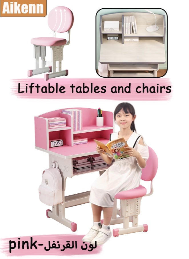 Aikenn Home Adjustable Height Kids Study Desk and Chair Set School Desks and Chairs with Desktop Storage Rack Backpack Hook Multifunctional School Student Writing Desk Study Table with Storage The Chair Has High-elastic Memory Foam Comfortable and Durable Wooden Tabletop without Reflection Protect Your Child's Eyes Suitable for Children and Teenagers aged 3-18 (Pink） - Image 1