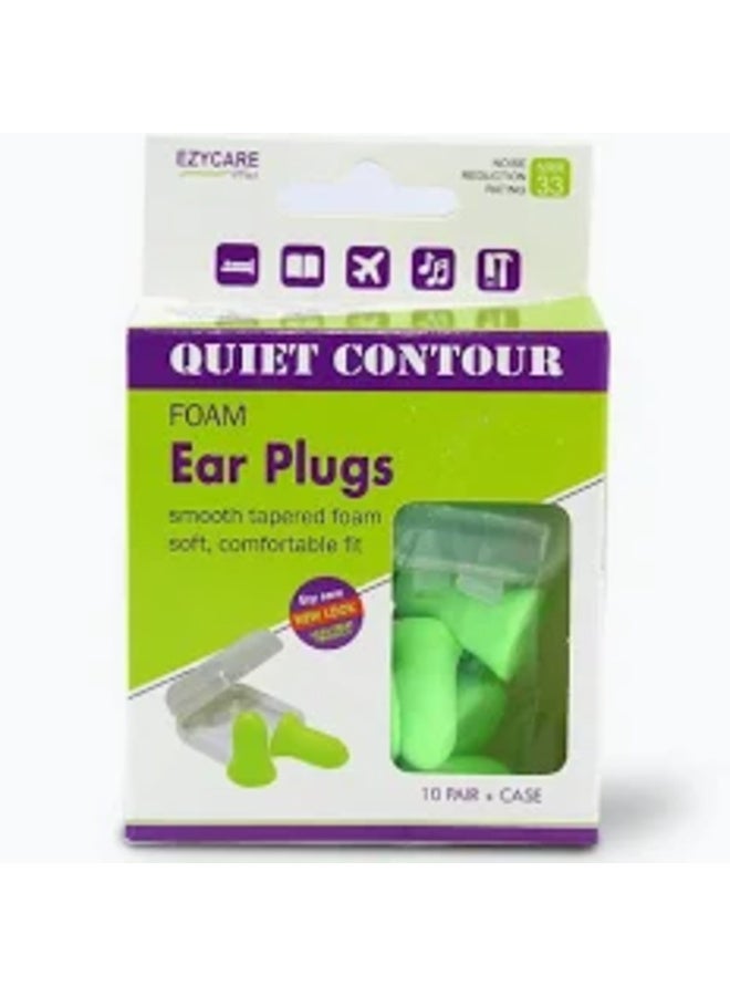 EZYCARE Quiet Contour Foam Ear Plugs, 10 Pairs with Storage Case, Green