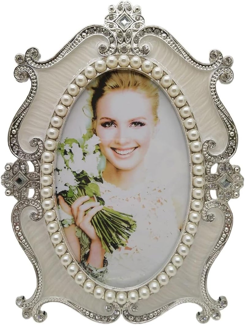 Ornate Vintage Picture Holder Featuring Crystal Pearls Embellishment Living Room Display Metal Photo Frame - Image 1