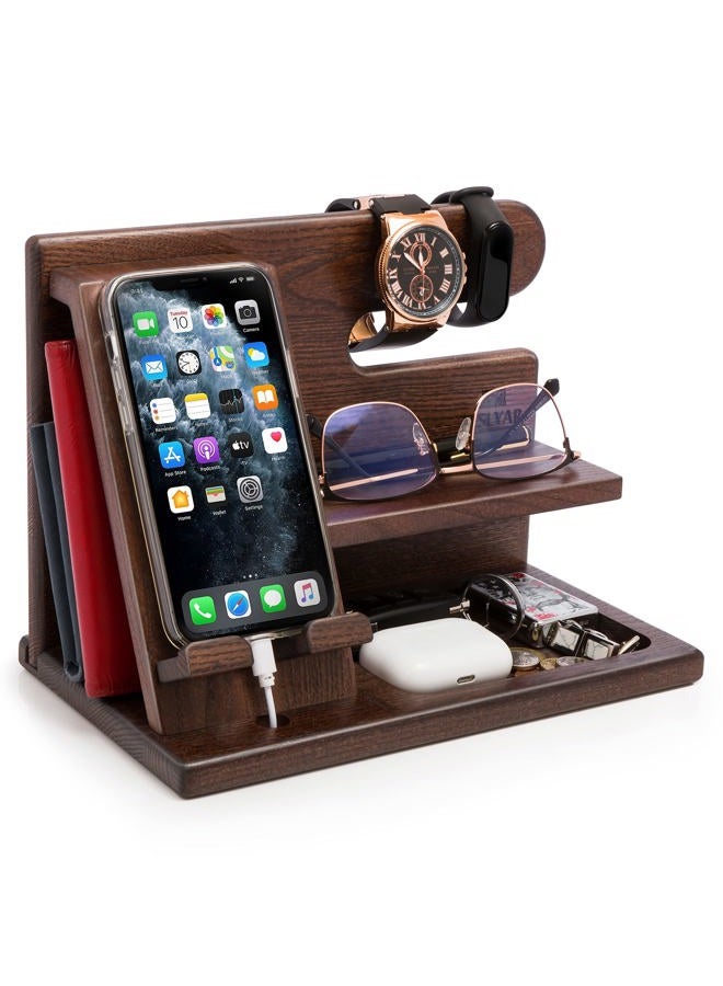 TESLYAR Wood Phone Docking Station for Men - Desktop or Nightstand Organizer - Birthday Gifts for Men, Dad - Anniversary Idea from Wife - Key Holder, Stand Wallet, Watch & Essentials (Antique Brown) - Image 1