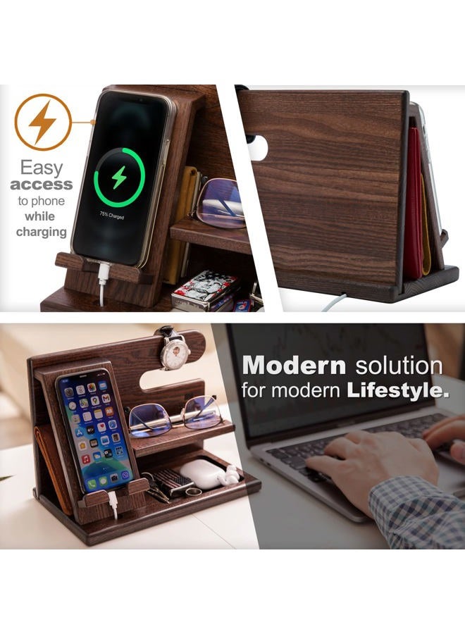 TESLYAR Wood Phone Docking Station for Men - Desktop or Nightstand Organizer - Birthday Gifts for Men, Dad - Anniversary Idea from Wife - Key Holder, Stand Wallet, Watch & Essentials (Antique Brown) - Image 2