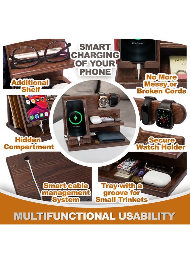 TESLYAR Wood Phone Docking Station for Men - Desktop or Nightstand Organizer - Birthday Gifts for Men, Dad - Anniversary Idea from Wife - Key Holder, Stand Wallet, Watch & Essentials (Antique Brown) - Image 4