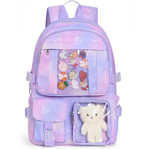 PRLINJSK Kawaii Backpack for Teen Girls Cute Aesthetic High Middle School College Bookbag with Accessories Purple - Image 1