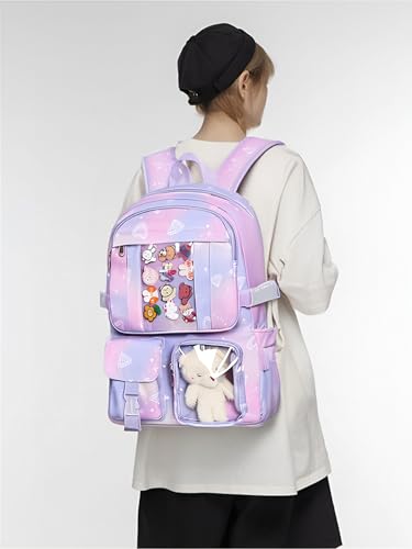 PRLINJSK Kawaii Backpack for Teen Girls Cute Aesthetic High Middle School College Bookbag with Accessories Purple - Image 3