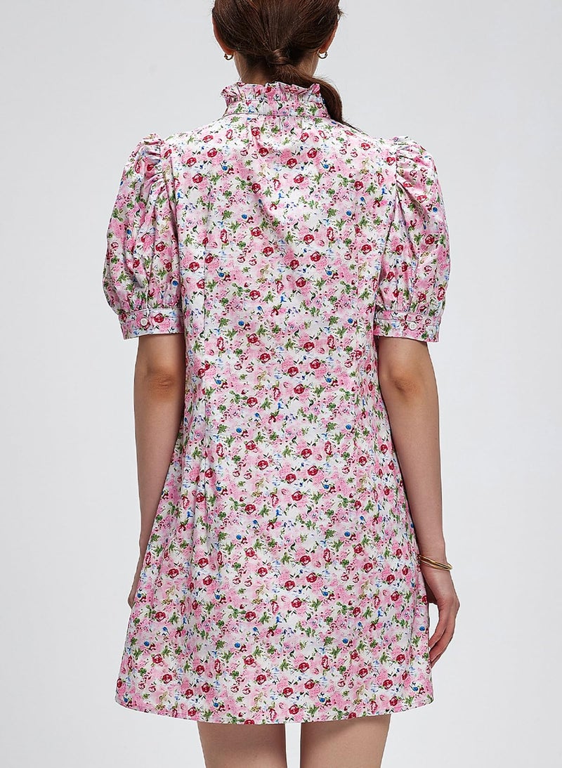 Ladyful Women's Summer Floral Dress Short Sleeve Button Down Shirt Mini Dress Ruffle Mock Neck Shift Sundress Light Pink - Image 3