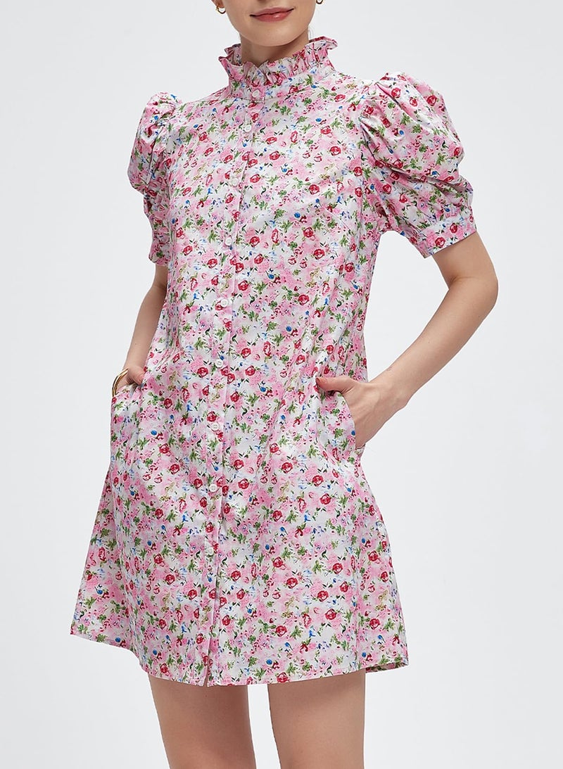 Ladyful Women's Summer Floral Dress Short Sleeve Button Down Shirt Mini Dress Ruffle Mock Neck Shift Sundress Light Pink - Image 5