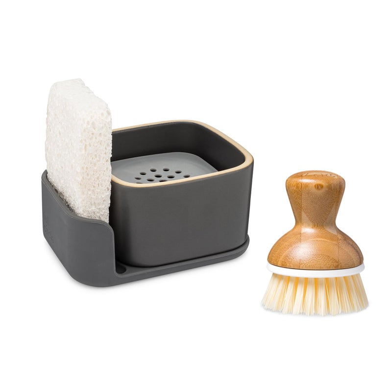 Full Circle Bubble Up Combo â€” Family Safe, Formaldehyde-Free â€“ Gray Ceramic Soap Dish with Plant-Based Sponge & Bamboo Dish Brush â€“ Versatile Kitchen Scrub Brush Set for Pots, Pans, Counter & Ovens - Image 1