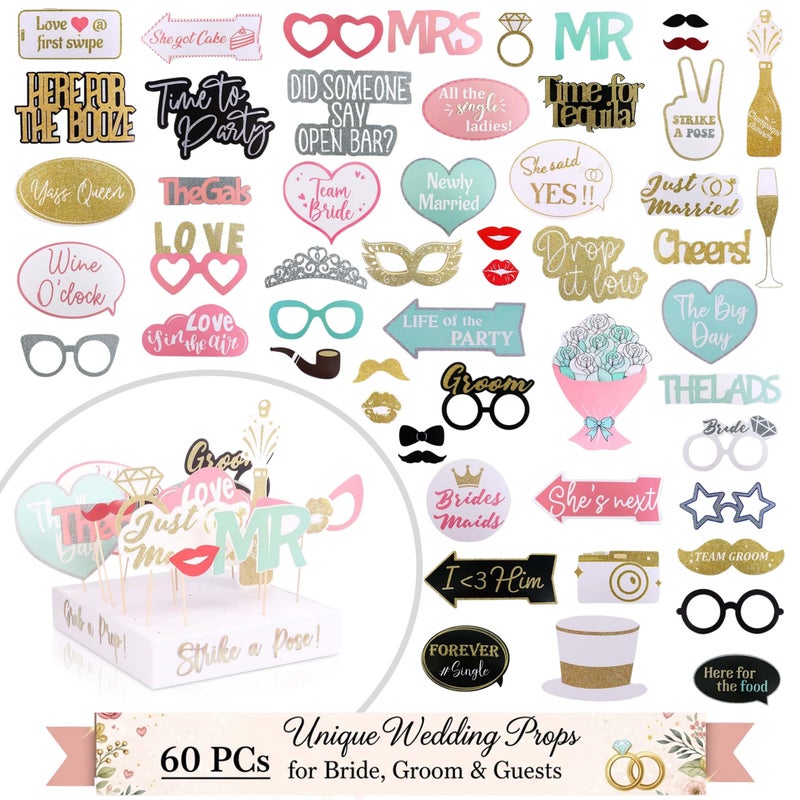 SOUL SHIFT - 60PCs Pastel Themed Wedding Photo Booth Props - Pre-Assembled - Elegant Wedding & Reception Party Props - Funny Props - Real Glitter - Bridal PhotoBooth - Image 1