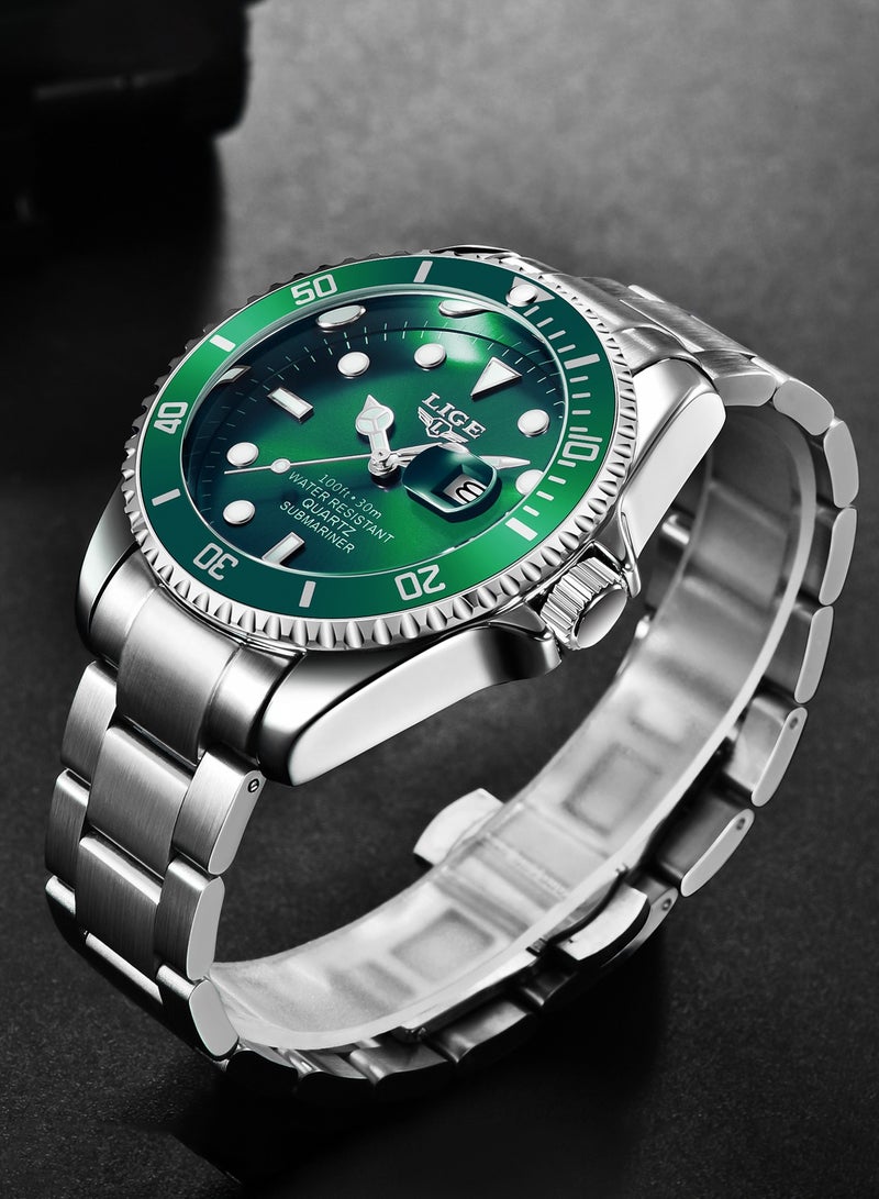 لييج ساعة سابمارينر كوارتز للرجال مقاومة للماء بسوار من السبائك المعدنية وتقويم تناظري وحزام من الفولاذ باللون الأخضر - Image 2