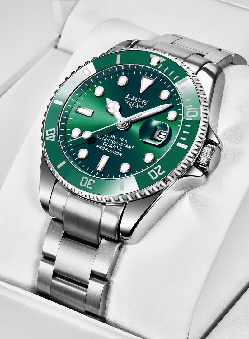 لييج ساعة سابمارينر كوارتز للرجال مقاومة للماء بسوار من السبائك المعدنية وتقويم تناظري وحزام من الفولاذ باللون الأخضر - Image 3