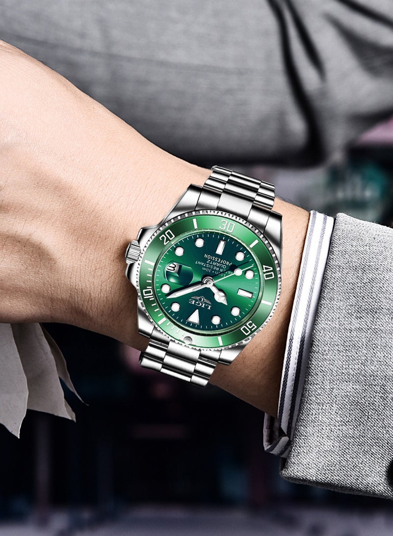 لييج ساعة سابمارينر كوارتز للرجال مقاومة للماء بسوار من السبائك المعدنية وتقويم تناظري وحزام من الفولاذ باللون الأخضر - Image 4