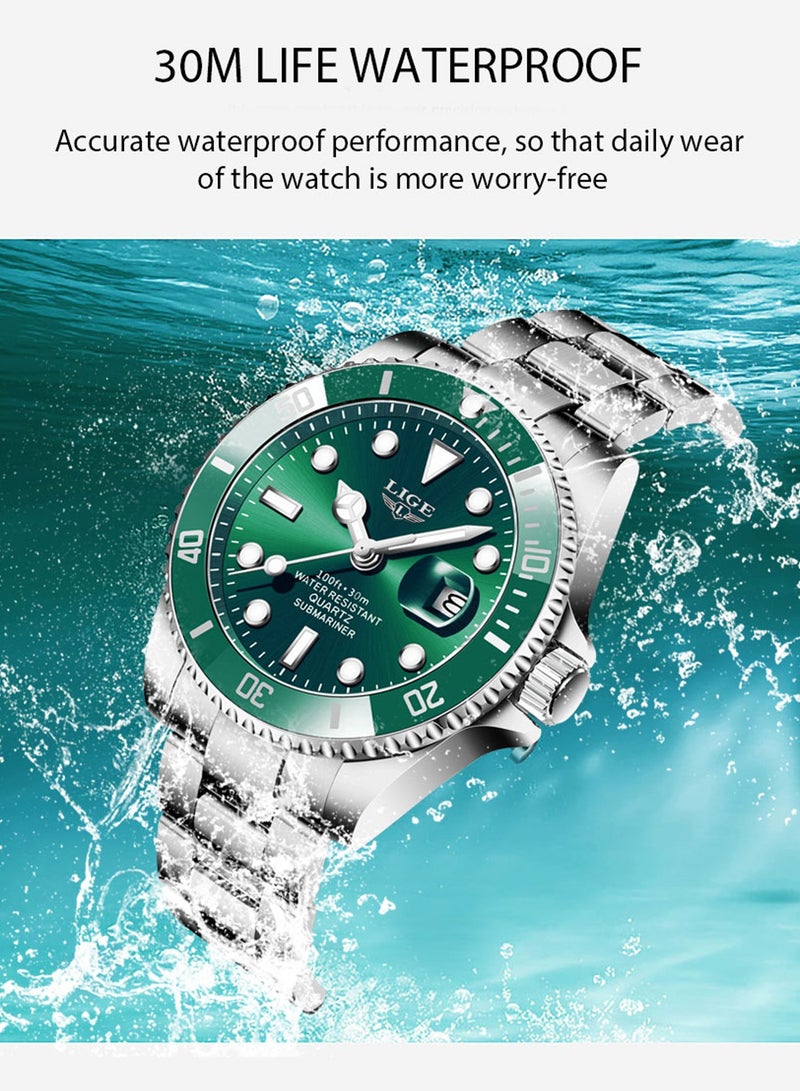 لييج ساعة سابمارينر كوارتز للرجال مقاومة للماء بسوار من السبائك المعدنية وتقويم تناظري وحزام من الفولاذ باللون الأخضر - Image 5