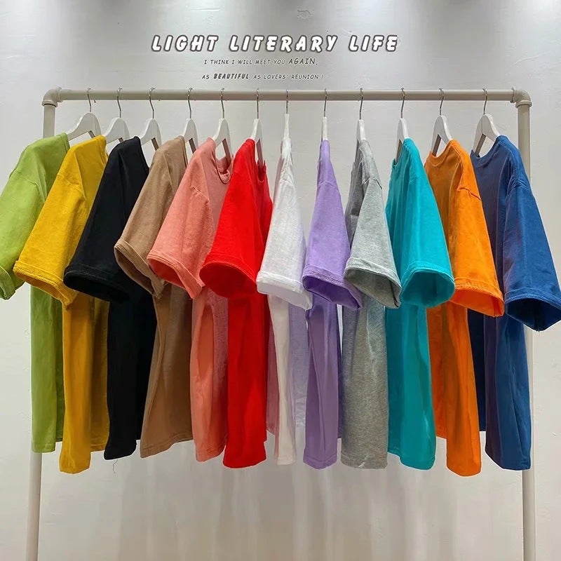 26 Pure Cotton Summer Hong Kong Style Round Neck Solid Color Short-sleeved T-shirt Loose ins Fashion Brand Half-sleeved Casual Half-sleeved Top - Image 2