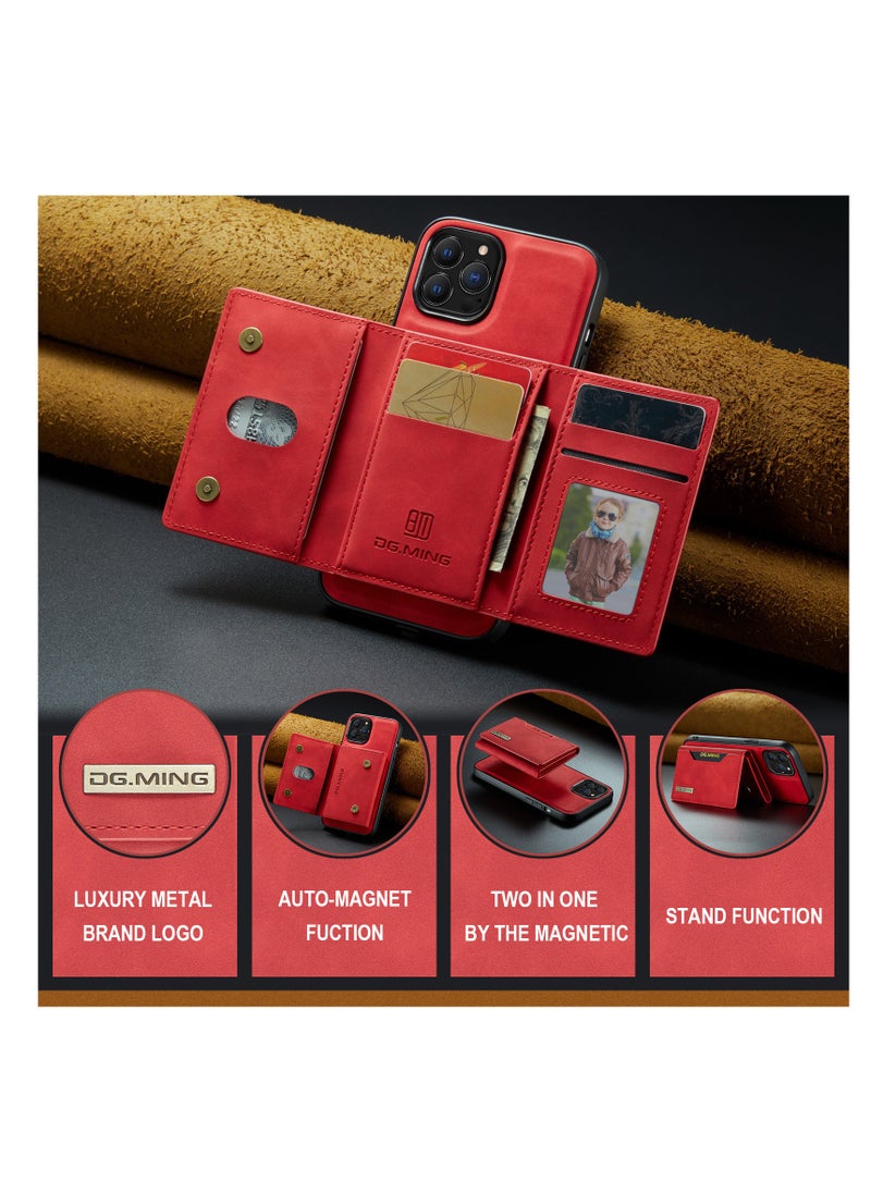 DGMING Wallet Case Compatible with iPhone 13 Pro Max DG-MING Premium Leather Phone Case Back Cover Magnetic Detachable with Trifold Wallet Card Holder Pocket for iPhone 13 Pro Max (Red)  - Image 2