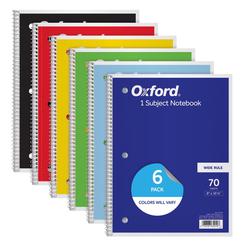 Oxford Spiral Notebooks, 6 Pack, 1 Subject, Wide Ruled Notebooks for School, 8 x 10.5 Inches, 70 Sheets, Assorted Colors, Back to School Supplies (65010) - Image 1