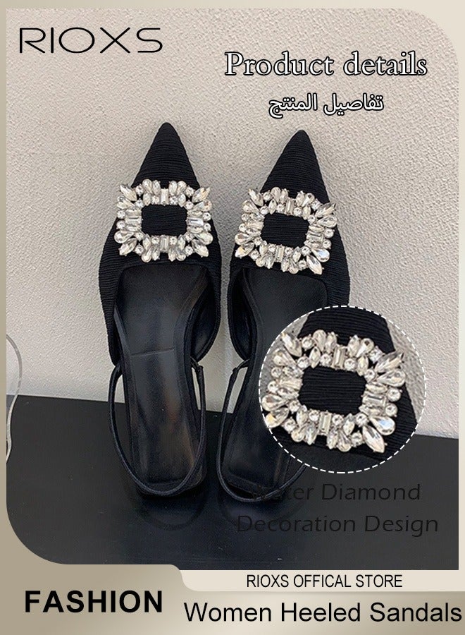 ريوكس صنادل نسائية مغلقة ذات كعب عالٍ ومقدمة مدببة، حذاء صيفي بكعب منخفض ومزين بأحجار الراين، صنادل عصرية بدون ظهر مع حزام عند الكاحل، أحذية خفيفة الوزن ومضادة للانزلاق، أحذية بكعب عالٍ للعمل والحفلات وحفلات الزفاف وحفلات التخرج والمناسبات المسائية والمواعيد الغرامية وغيرها، لون أسود - Image 4