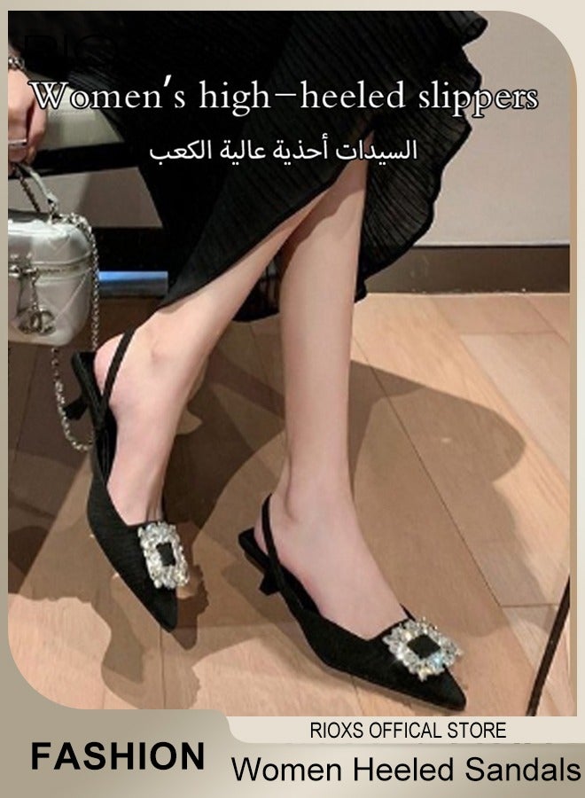 ريوكس صنادل نسائية مغلقة ذات كعب عالٍ ومقدمة مدببة، حذاء صيفي بكعب منخفض ومزين بأحجار الراين، صنادل عصرية بدون ظهر مع حزام عند الكاحل، أحذية خفيفة الوزن ومضادة للانزلاق، أحذية بكعب عالٍ للعمل والحفلات وحفلات الزفاف وحفلات التخرج والمناسبات المسائية والمواعيد الغرامية وغيرها، لون أسود - Image 3
