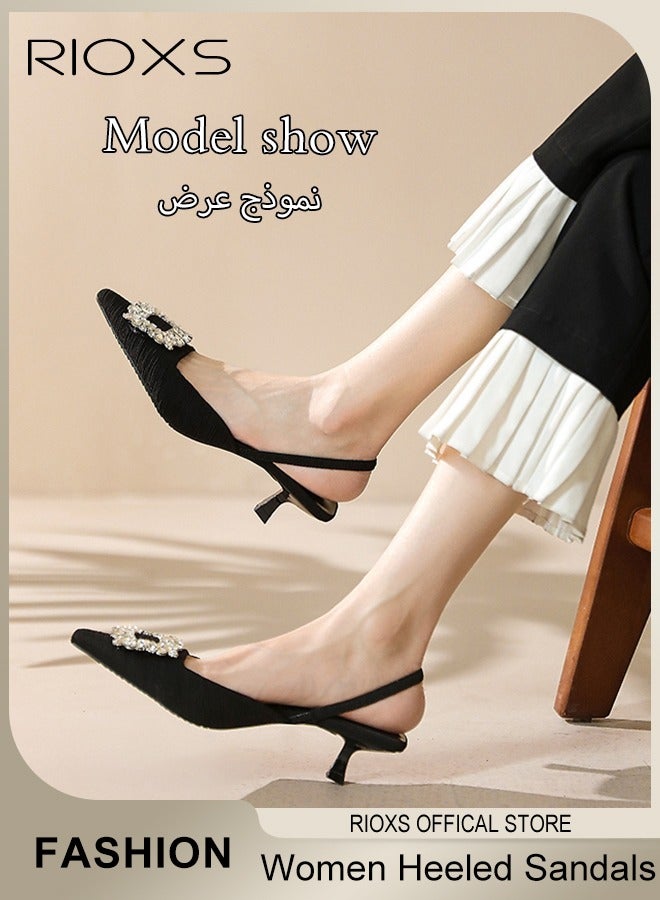 ريوكس صنادل نسائية مغلقة ذات كعب عالٍ ومقدمة مدببة، حذاء صيفي بكعب منخفض ومزين بأحجار الراين، صنادل عصرية بدون ظهر مع حزام عند الكاحل، أحذية خفيفة الوزن ومضادة للانزلاق، أحذية بكعب عالٍ للعمل والحفلات وحفلات الزفاف وحفلات التخرج والمناسبات المسائية والمواعيد الغرامية وغيرها، لون أسود - Image 2