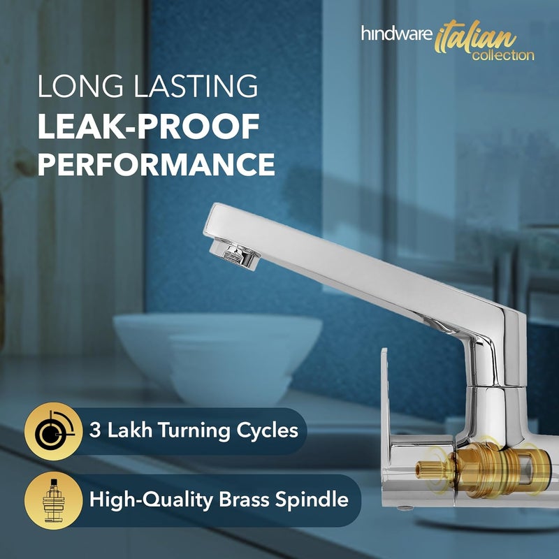 Hindware Italian Collection F360023CP Element Sink Cock with Swivel Spout (Wall Mounted), Brass with Chrome Finish - Image 4