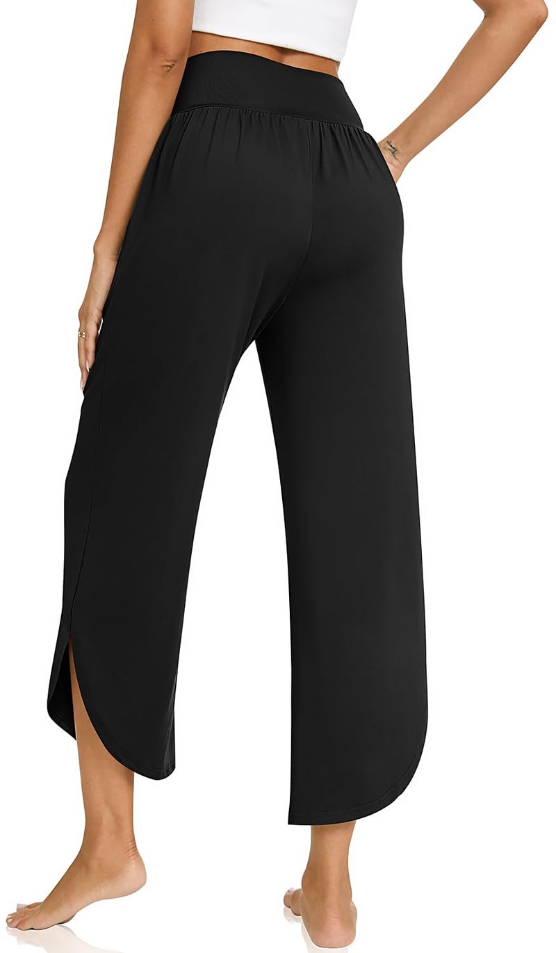 TARSE Womens Wide Leg Yoga Pants Cross High Waisted Capris Plus Size Casual Flowy Lounge Joggers Loose Pajama Bottoms Flared Sweatpants with Pockets (Black,L) - Image 3