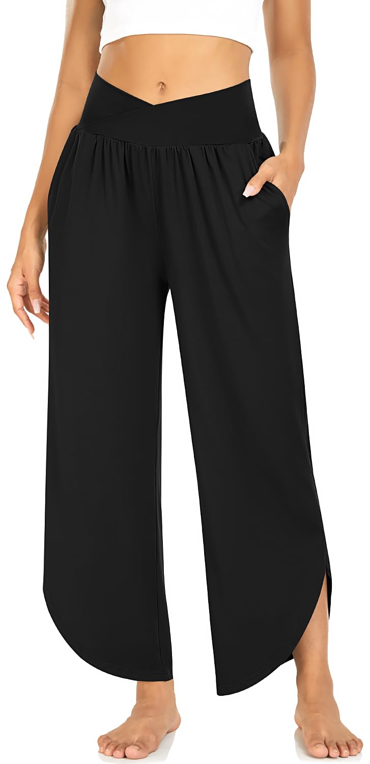 TARSE Womens Wide Leg Yoga Pants Cross High Waisted Capris Plus Size Casual Flowy Lounge Joggers Loose Pajama Bottoms Flared Sweatpants with Pockets (Black,L) - Image 1