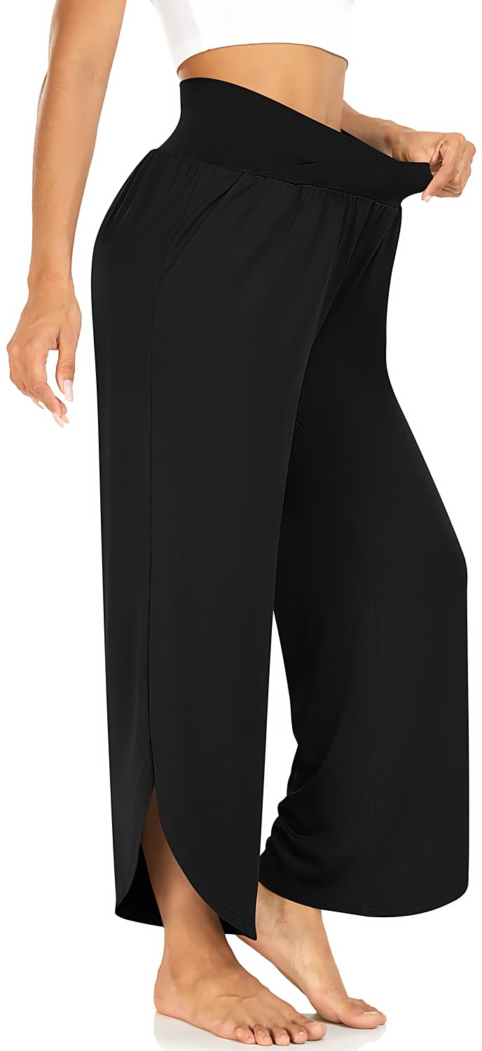 TARSE Womens Wide Leg Yoga Pants Cross High Waisted Capris Plus Size Casual Flowy Lounge Joggers Loose Pajama Bottoms Flared Sweatpants with Pockets (Black,L) - Image 2