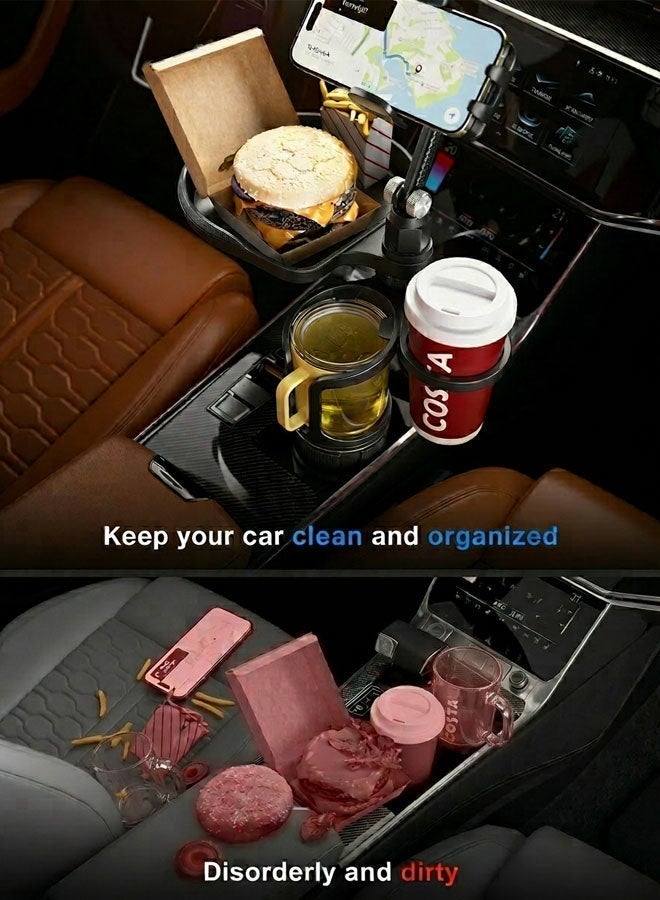 Car Cup Holder Tray, 4-in-1 Adjustable Food Table Tray, Car Cup Holder Expander with 360° Rotatable Phone Holder, Extra Beverage Cup Holder, 4 Expandable Bases for Stability, Road Trip Essentials - Image 2