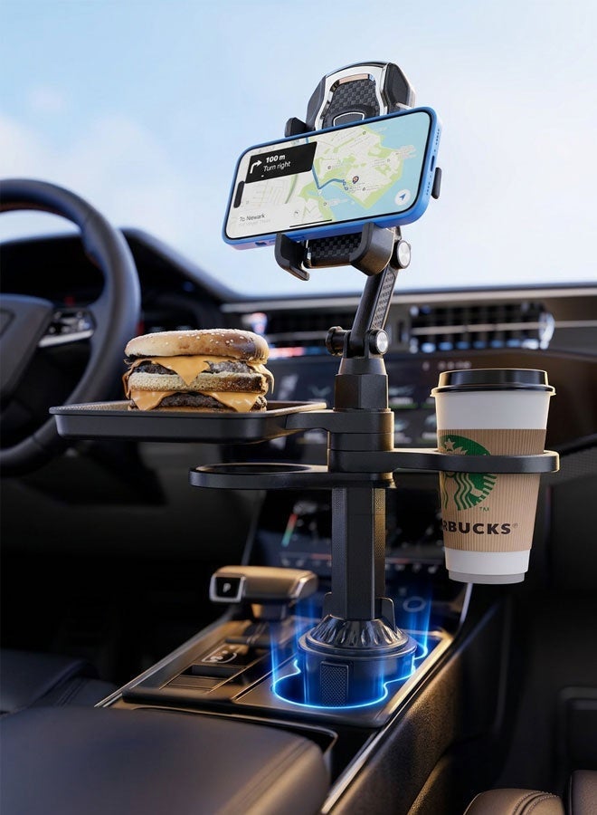 Car Cup Holder Tray, 4-in-1 Adjustable Food Table Tray, Car Cup Holder Expander with 360° Rotatable Phone Holder, Extra Beverage Cup Holder, 4 Expandable Bases for Stability, Road Trip Essentials - Image 1