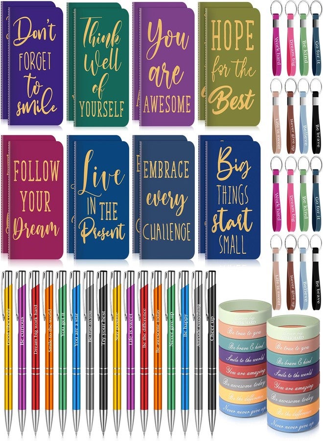PerKoop 64 Pcs Inspirational Gifts Bulk 16 Motivational Notebooks Journal 16 Ballpoint Pens 16 Wristbands 16 Keychains for Teacher Office Women Employee Party Favor(Classic) - Image 1