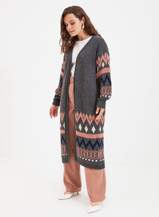 trendyol Anthracite Jacquard Long Knitwear Cardigan - Image 2