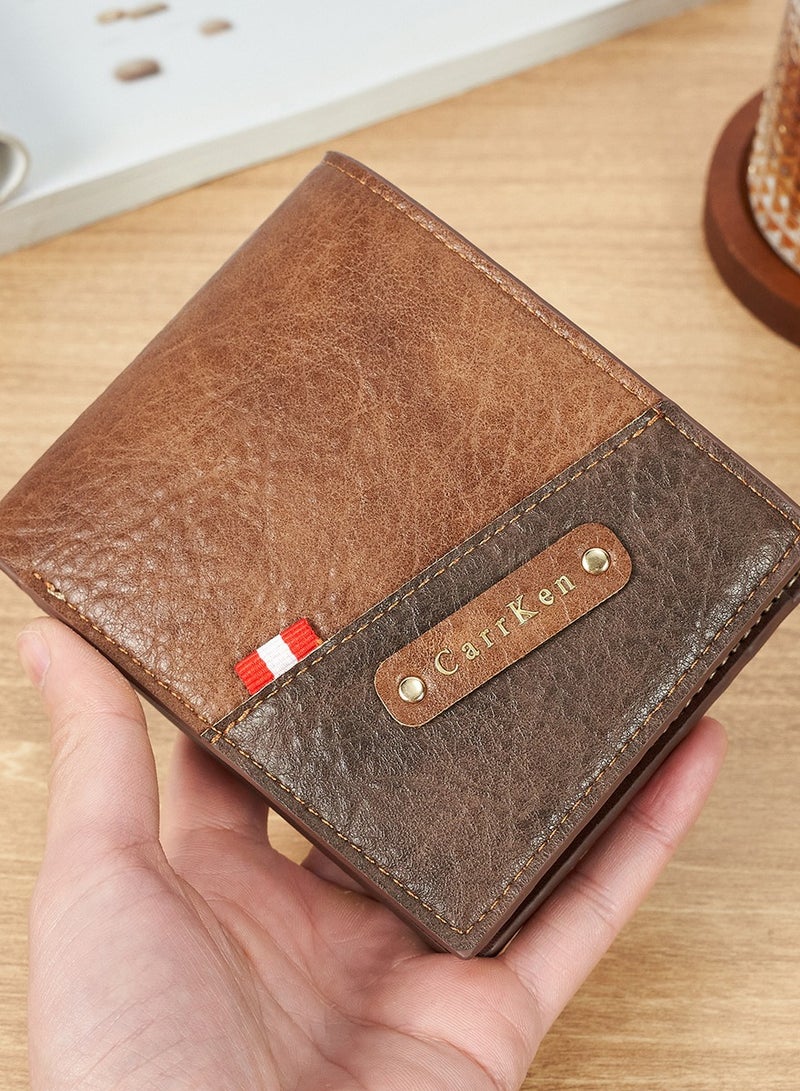 CarrKen Men's Short Wallet European and American Fashion Retro Multifunctional Wallet Zipper Buckle Card Holder Brown - Image 1