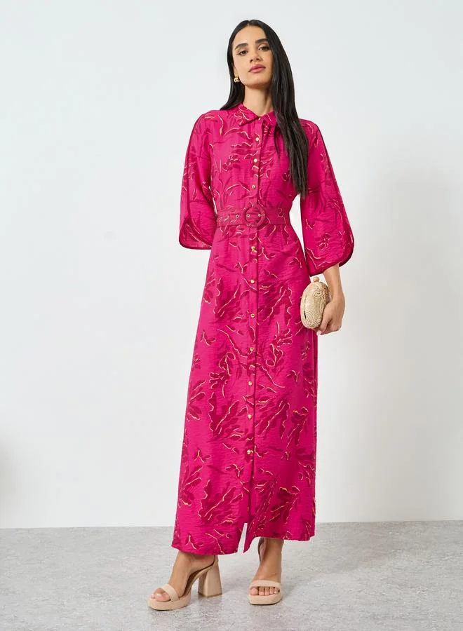 Pink Floral Shirt Maxi Dress with Belt