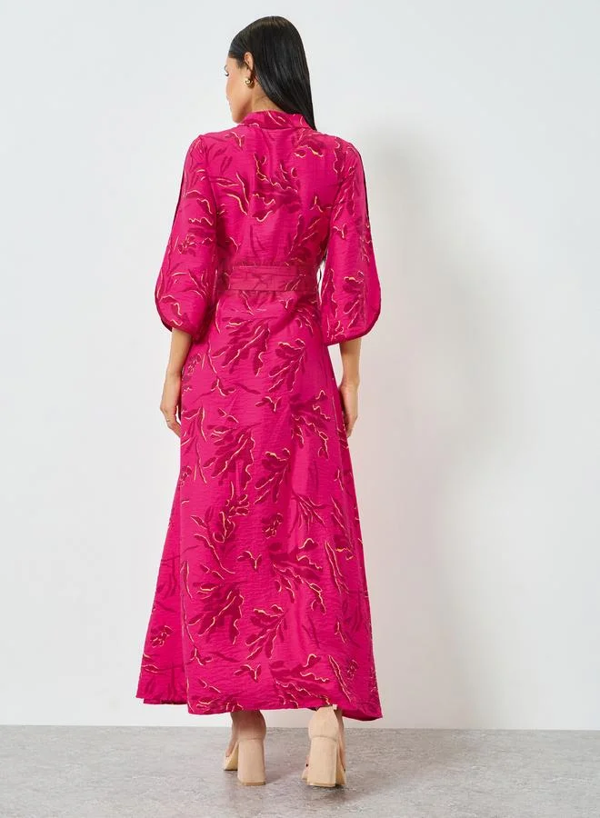 Styli  Pink Floral Shirt Maxi Dress with Belt for Women | Best Price UAE