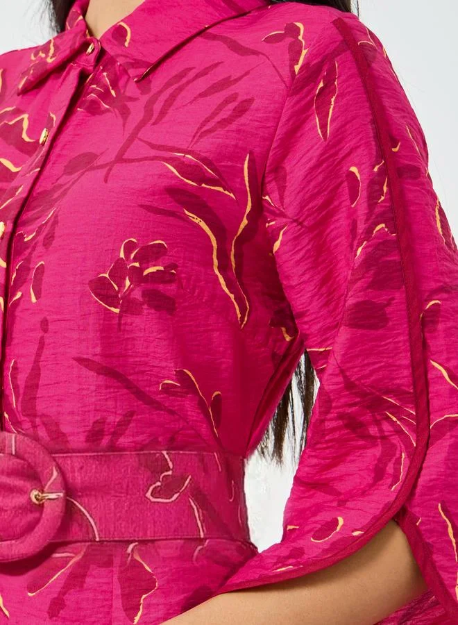 Styli  Pink Floral Shirt Maxi Dress with Belt for Women | Best Price UAE