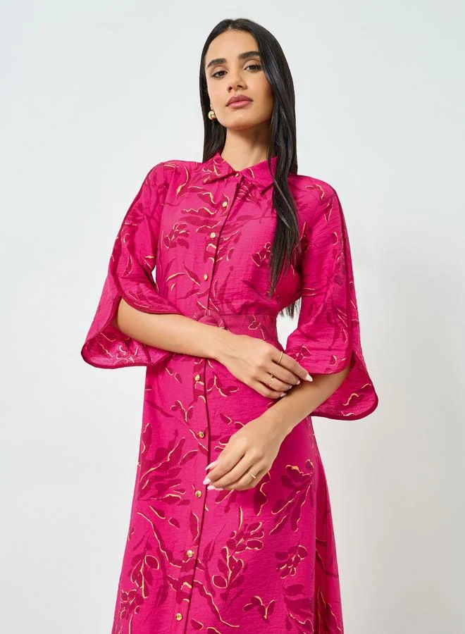 Styli  Pink Floral Shirt Maxi Dress with Belt for Women | Best Price UAE