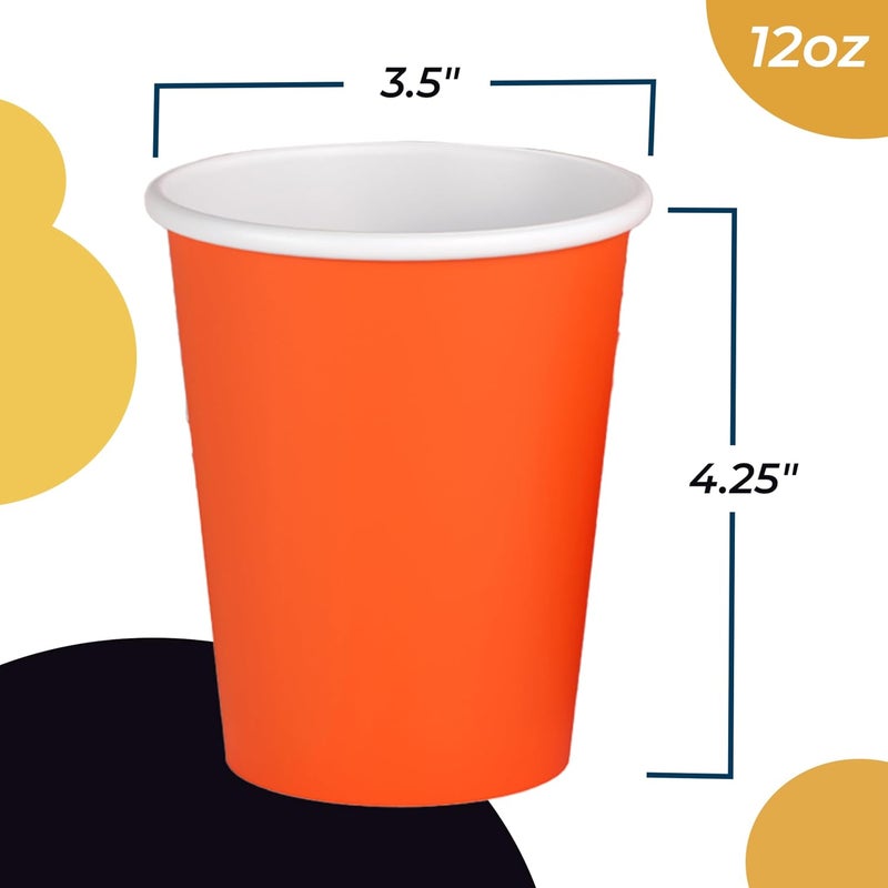 Party Solids أكواب ورقية صلبة للحفلات باللون البرتقالي سعة 12 أونصة، أكواب قابلة للرمي متينة، 100 كوب ورقي للمشروبات الساخنة وا��باردة، كوب سميك 280 جرام للمشروبات الساخنة للشاي والقهئة للتناول الخارجي، ألوان ممتعة للحفلات والفعاليات - Image 3