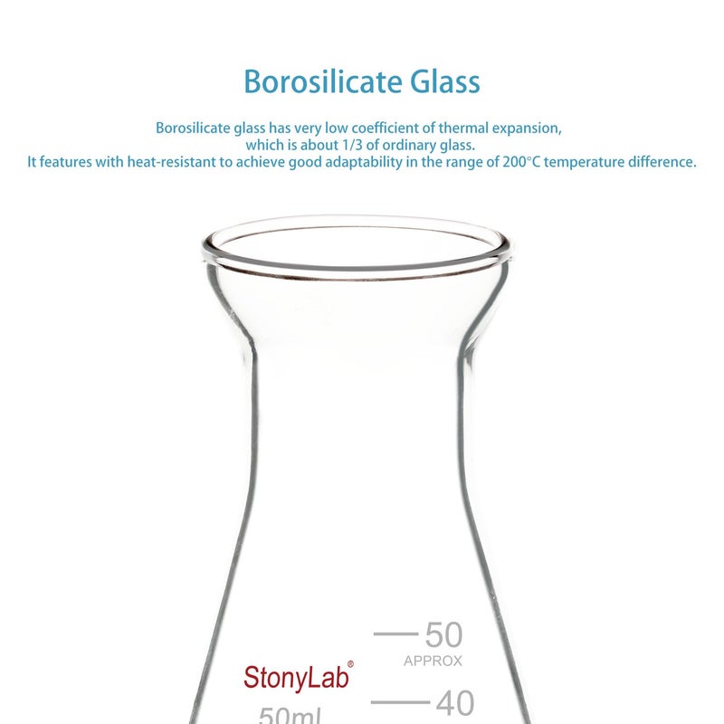 stonylab Glass Wide Mouth Erlenmeyer Flask, 50 ml Borosilicate Glass Erlenmeyer Flask with Heavy Duty Rim, 1 Pack - Image 4