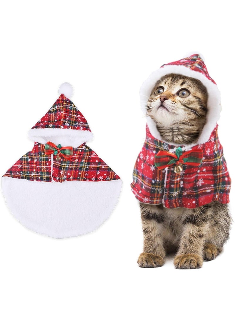 A.M Small Dog Cloak with Bow Tie Plaid Snowflake Print Christmas Costume Red Outfit Cozy Hooded Cape for Cats and Small Dogs - Image 1