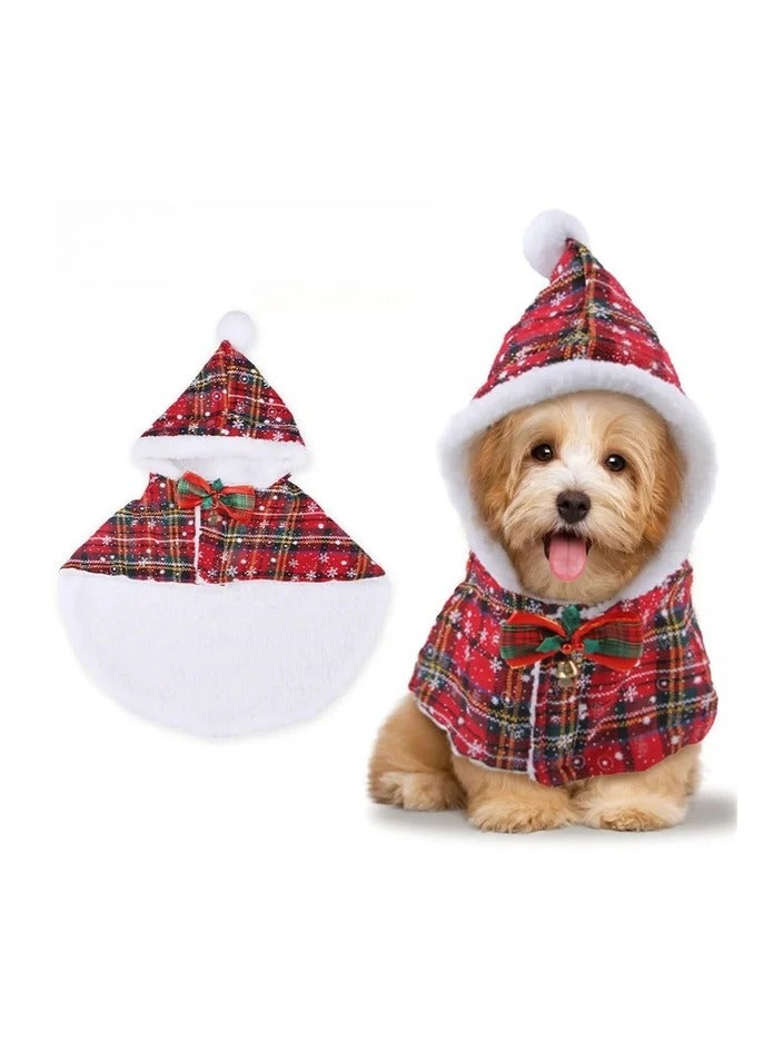 A.M Small Dog Cloak with Bow Tie Plaid Snowflake Print Christmas Costume Red Outfit Cozy Hooded Cape for Cats and Small Dogs - Image 2