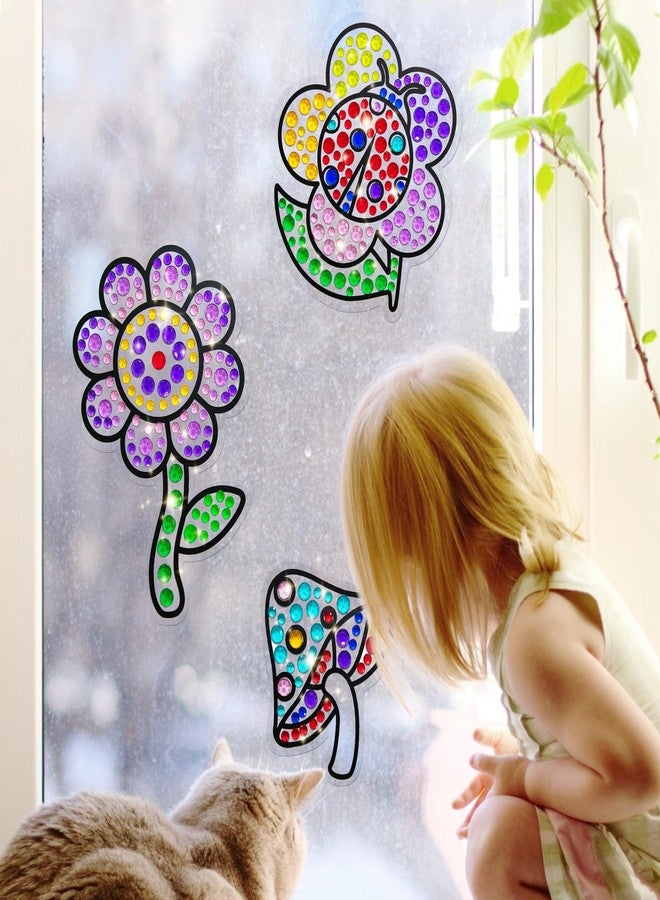 atydkug Window Suncatcher Gemstone Sticker Craft Kits for Kids - Diamond 6 Sheets Flowers Gem Art Painting Kits by Numbers for Girl, Birthday Party Supplies Gifts for 6 7 8 9 10 11 12 Year Old - Image 4
