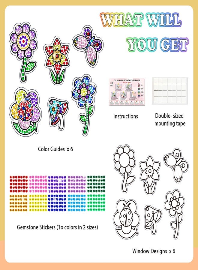 atydkug Window Suncatcher Gemstone Sticker Craft Kits for Kids - Diamond 6 Sheets Flowers Gem Art Painting Kits by Numbers for Girl, Birthday Party Supplies Gifts for 6 7 8 9 10 11 12 Year Old - Image 2