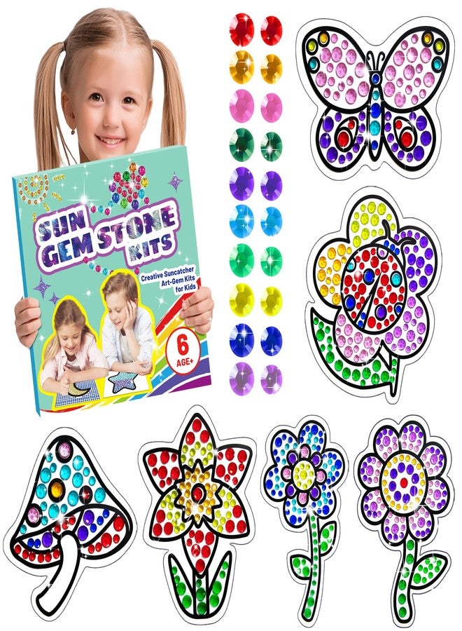 atydkug Window Suncatcher Gemstone Sticker Craft Kits for Kids - Diamond 6 Sheets Flowers Gem Art Painting Kits by Numbers for Girl, Birthday Party Supplies Gifts for 6 7 8 9 10 11 12 Year Old - Image 1