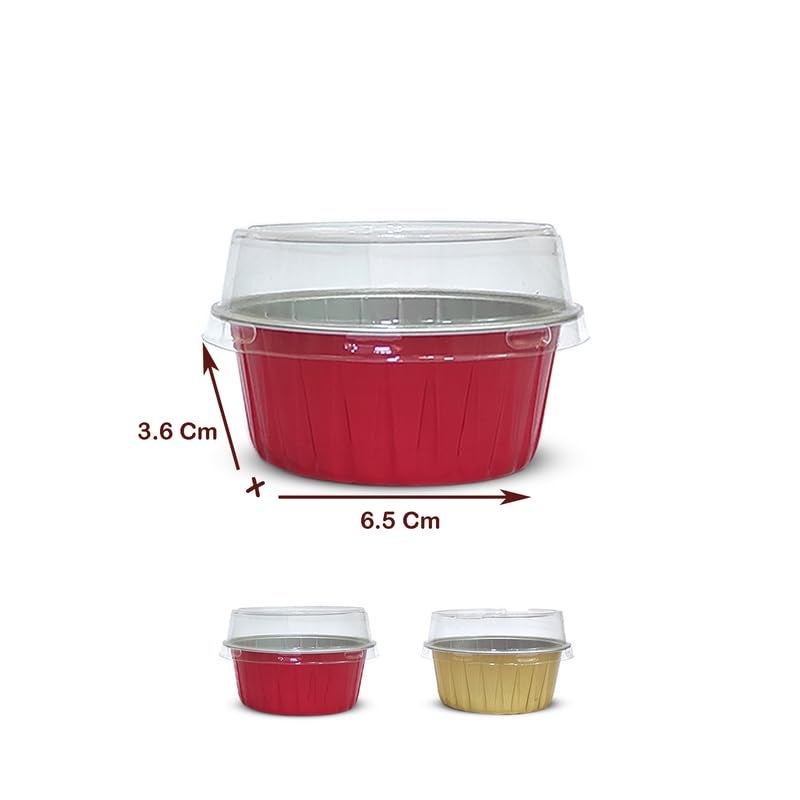 PUSHTI TUSHTI Aluminium Small Round Cup Baking Mould 130gm with Lid NonStick Muffin Tray for Baking Cupcakes Dessert Suitable for Microwave 65x36cm Red Pack of 20 - Image 2