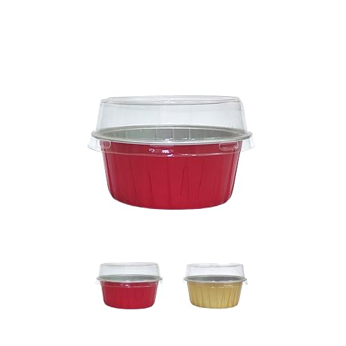 PUSHTI TUSHTI Aluminium Small Round Cup Baking Mould 130gm with Lid NonStick Muffin Tray for Baking Cupcakes Dessert Suitable for Microwave 65x36cm Red Pack of 20 - Image 1