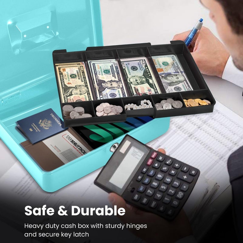 Flexzion Cash Box with Money Tray and Lock - Metal Cash Box for Small Businesses, 9-Compartment Blue Money Box with Removable Tray and Key, Portable Storage for Checks and Coins - Image 5