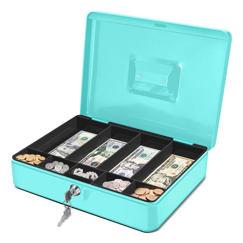 Flexzion Cash Box with Money Tray and Lock - Metal Cash Box for Small Businesses, 9-Compartment Blue Money Box with Removable Tray and Key, Portable Storage for Checks and Coins - Image 1