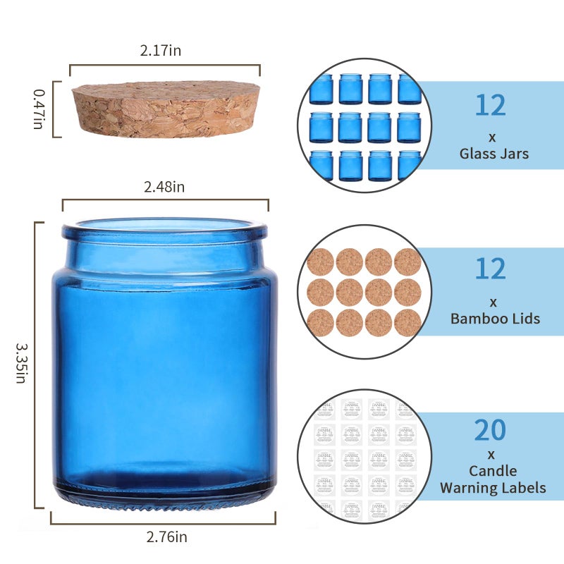 Lanttu 12Pcs Blue Candle Jars for Making Candles, 7.5oz Glass Jars with Wooden Lids and Labels, Candle Containers for DIY, Gifts, Candle Making Supplies, Table Decor - Image 3